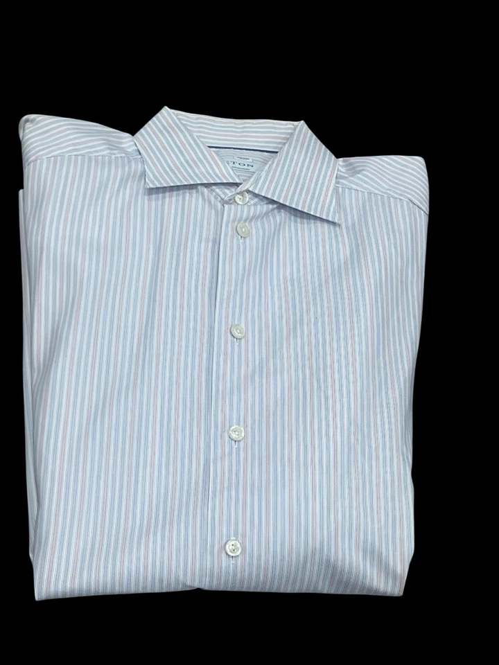 CAMISA DE VESTIR ETON CONTEMPORÁNEA YORK RAYAS ROSA AZUL BLANCO LUJO 42 16.5 Foto 4 de 4