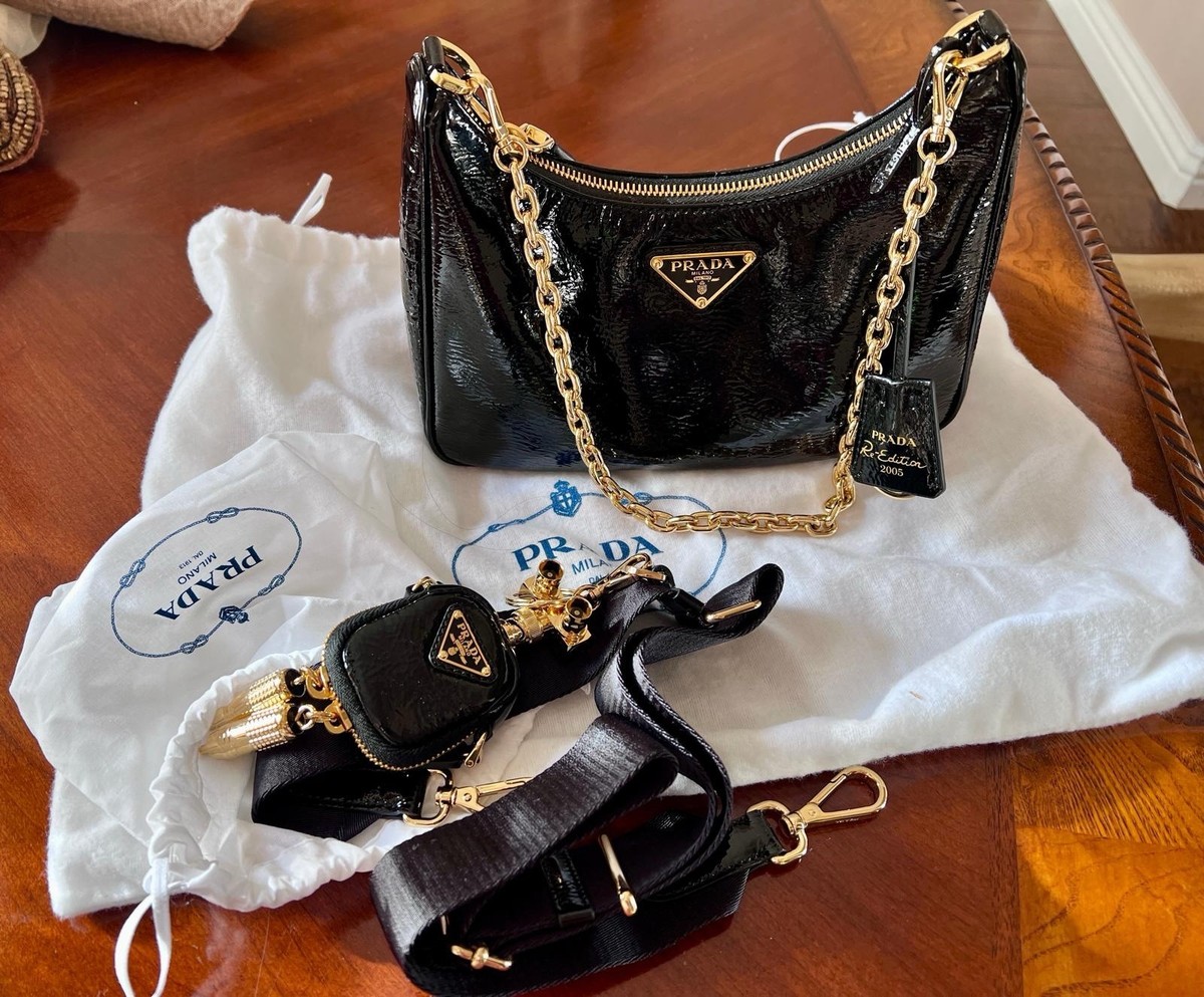 PRADA Re-edition 2005 Naplak Patent Leather Bag with Charm Black