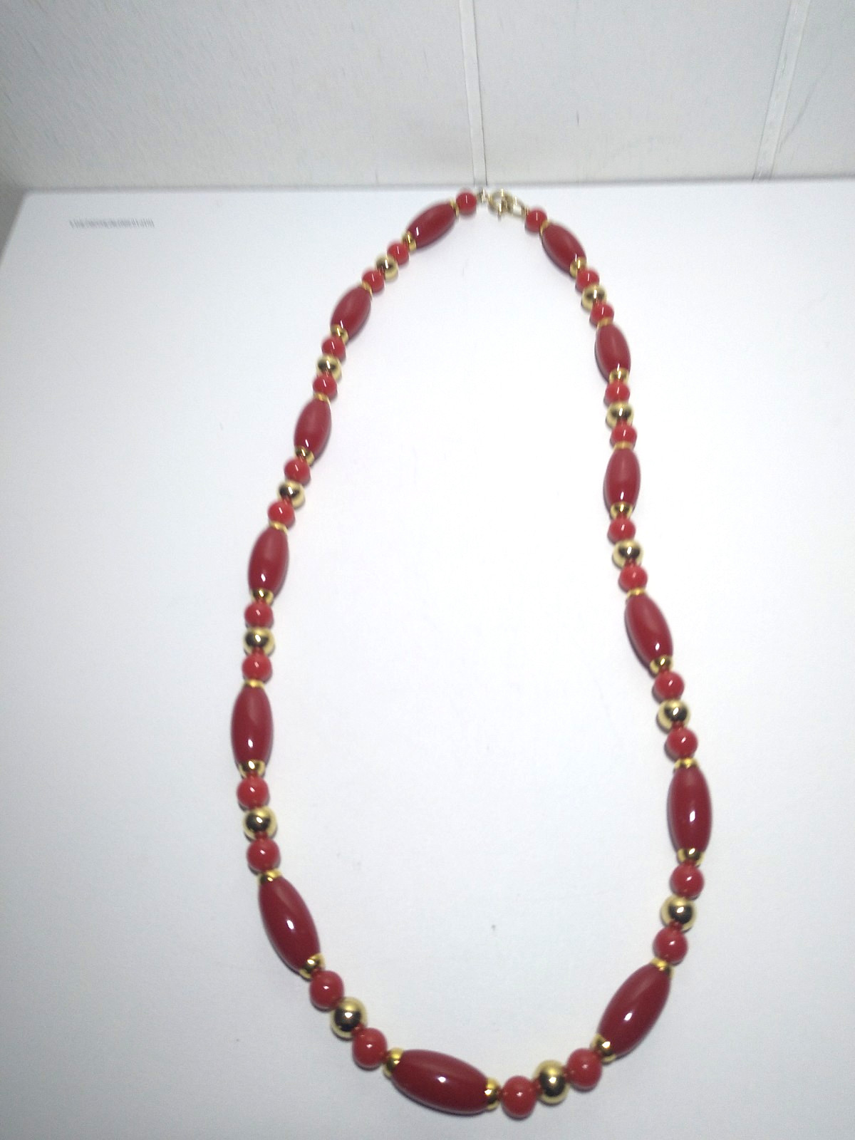 Vintage Lucite Beaded Necklace Red Gold Tone Spacers Spring Ring Long 24 in MCM