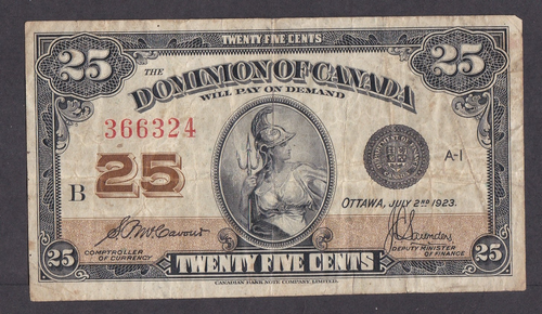 [VF-, No Tears or Holes] 1923 Dominion of Canada 25 Cents P-11b DC-24c [W02-3] - Afbeelding 1 van 2