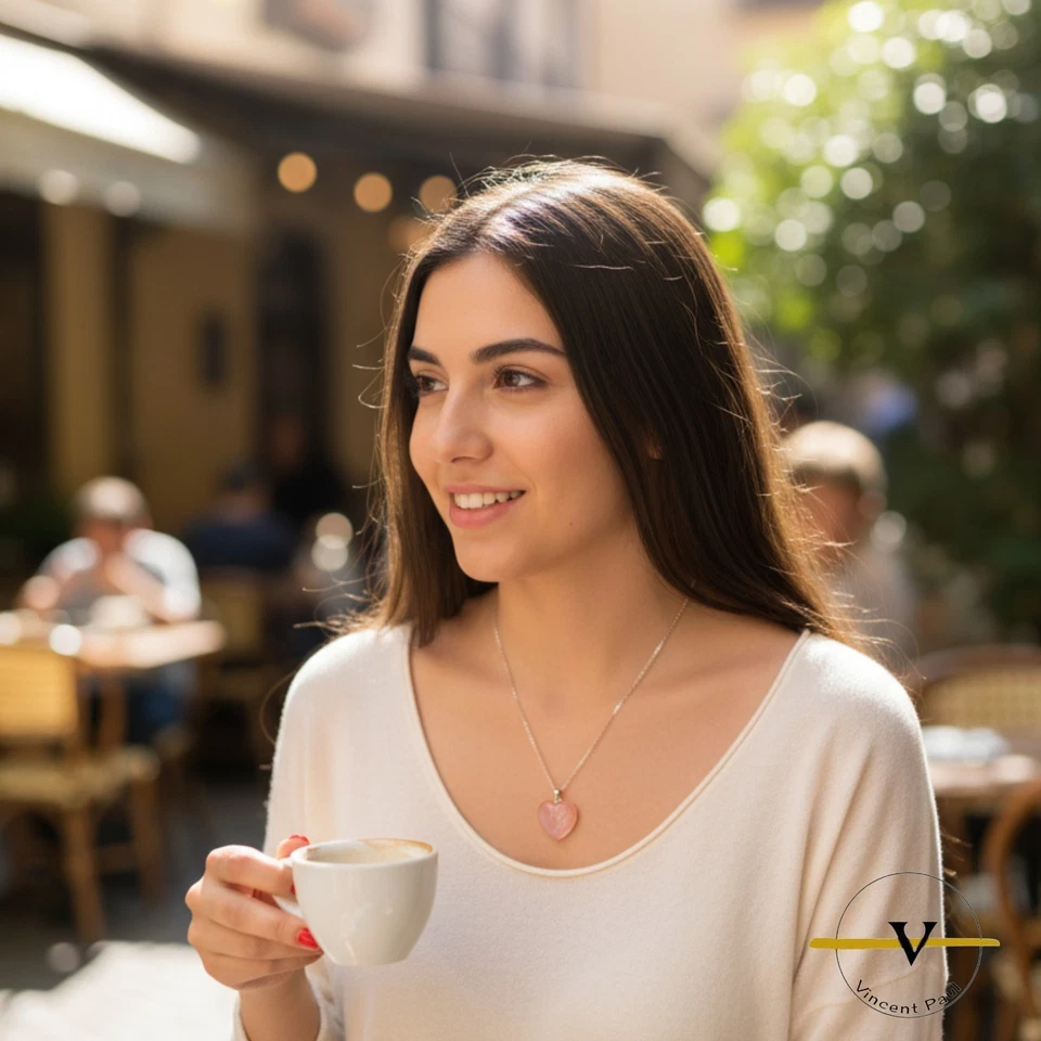 COLLANA DONNA ARGENTO 925 RODIATO PIETRA NATURALE QUARZO FRAGOLA FORMA DI CUORE - Immagine 3 di 4