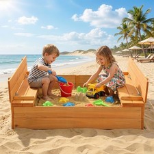 110 x 110 x 21 cm Square Wooden Sandpit with Integrated Folding Lid for Kids