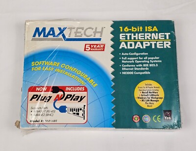 NXP-16BT/A Maxtech 16-Bit ISA Ethernet Adapter 10Baset & 10Base2 NE2000 COMPAT