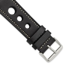 24mm Black Grand Prix Leather White Stitch Silver-tone Buckle Watch Band