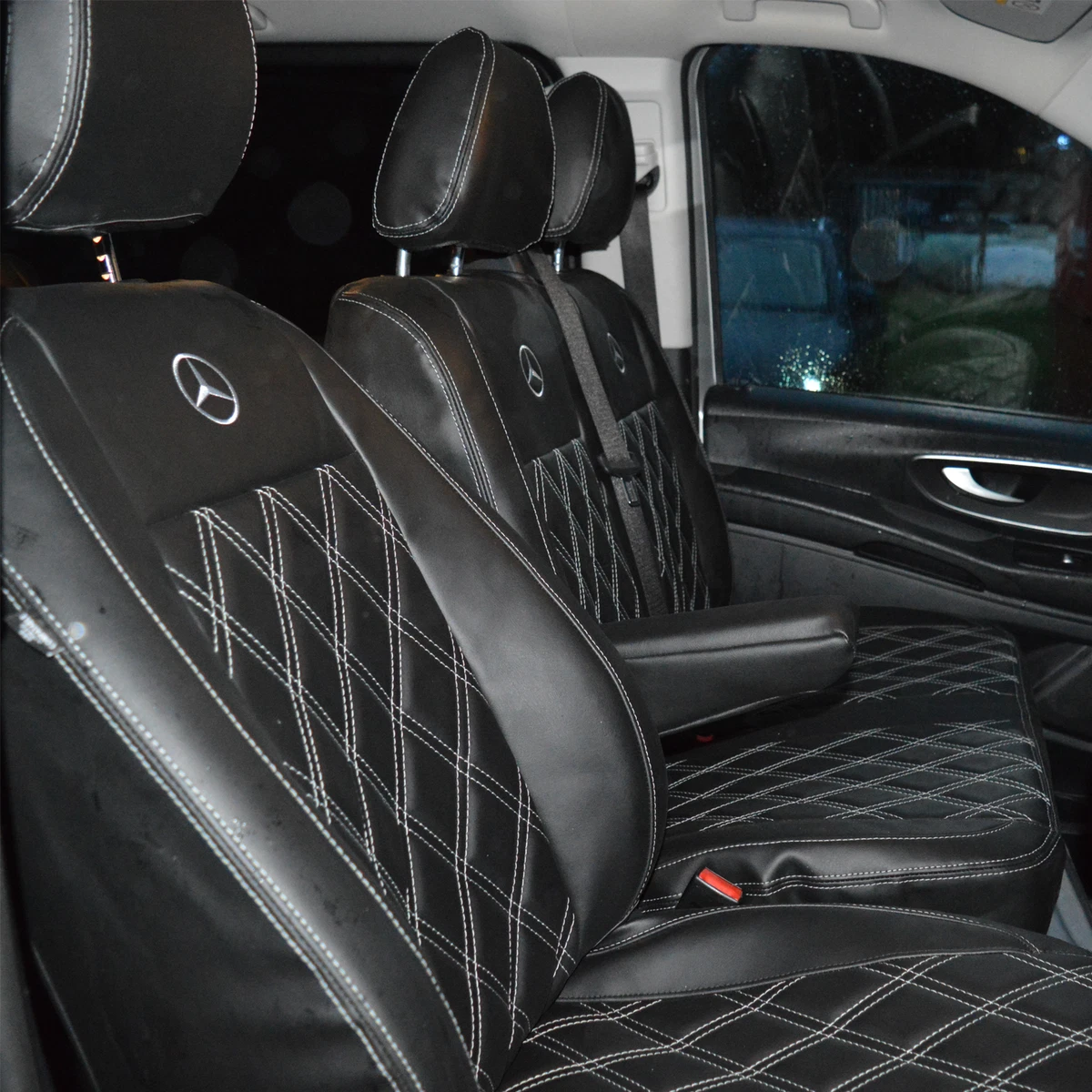 Mercedes Vito W447 9 Seater Seat Covers - Black Leatherette Stitched Flutes