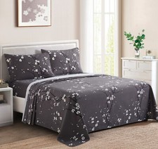 Printed 600 Thread Count Soft Cotton Blend Percale Sheet Set, Plum Floral Grey