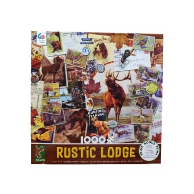 Rustic Lodge 1000 pc Hunting Canoe Cabins Bear Dogs Duck Stamps Elk Ram Turkey 