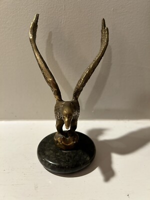 Vintage Solid Brass American Eagle Statue with Spread Wings on Marble Base USA