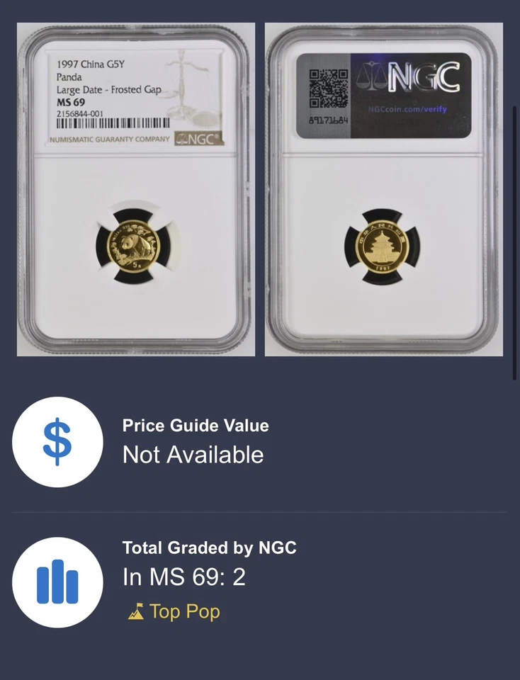 1997 5 Yuan China 1/20 Gold Panda Coin • MS69 TOP POP 2 • Large Date Frosted 沈 - Image 4 of 4