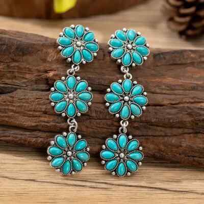 Boho 925 Sterling Silver Vintage Tibetan Tibet Turquoise Dangle Stud Earrings