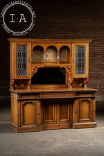 Victorian Gothic Revival Oak Sideboard Hutch with Leaded Glass Doors
