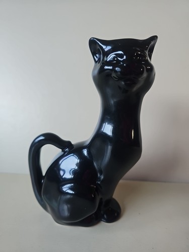 Black Cat Ceramic Candle Stick Holder Glazed Sleek Cat Sitting 16cm Tall - Picture 1 of 8