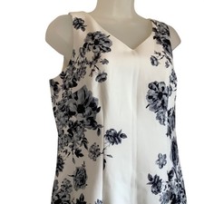 Talbots Petites Women 10P White Navy Floral Sheath Dress V-Neck Sleeveless Lined