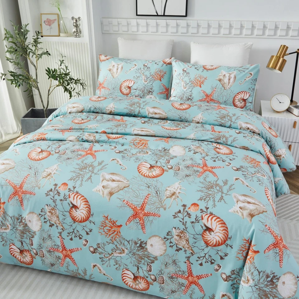 Juego de cama costera de lujo de algodón Cal King de playa 3 piezas estrella de mar caracola... Foto 2 de 4