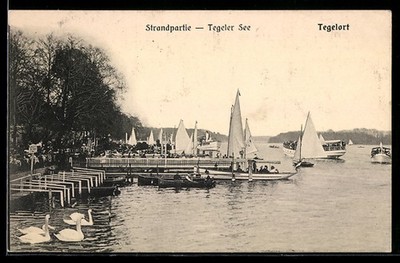 Ansichtskarte Berlin-Tegelort, Strandpartie, Tegeler See, Segelboote, Stege 