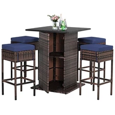 Patiojoy 5PCS Outdoor Rattan Bar Table Stool Set Hidden Storage Shelf Cushioned