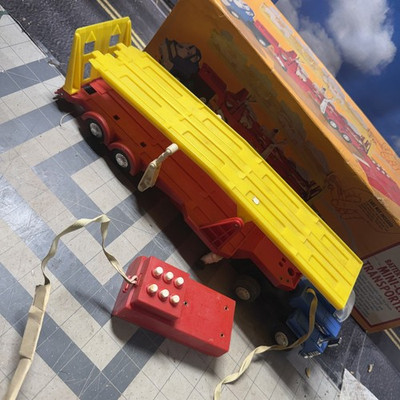 #ad #ad VTG Sears toy Battery Powered Mini Car Transporter intact 1970#x27;s CAR WORKS $50.00