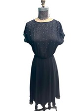 Vintage 1960s Black Chiffon Cocktail Dress W/ Metal Studs Sz 6