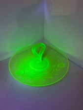 Vintage Green Uranium Glass Etched Tidbit Tray with Center Handle GLOWS 11” diam