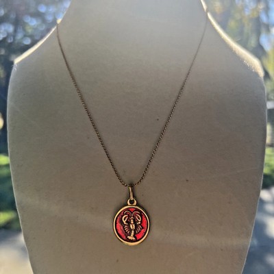 H. Stern Vintage Gold Tone Red Enamel Zodiac Cancer Charm Necklace 16''