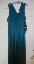Vanity Fair Silkenique Deep Teal Sleeveless Long Night Gown Nylon Lace Trim XL