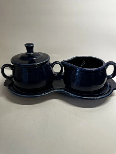 Fiestaware Creamer Sugar Tray Set VTG Glazed Blue Ceramic Made USA 9.5" W