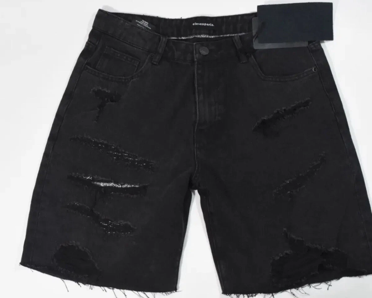 Eleven Paris Mens Black Denim Short New 34 Ridded Distorted