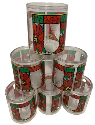 Thermo-Serv Christmas glasses 12 oz  Set of 6 beverage USA poinsettia Signed VS
