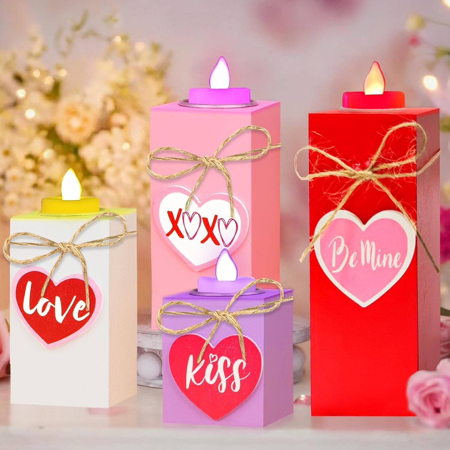 4PC Valentine Wooden Heart Flameless Candle Holders - Multicolor - Ships Free