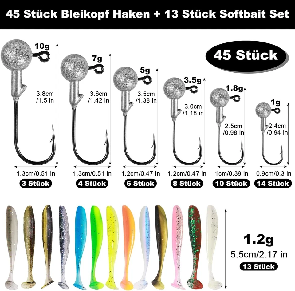 58 Stk Kunstköder Gummifische Angel Set Hecht Barsch Zander Jigköpfe Jighaken - Bild 2 von 4