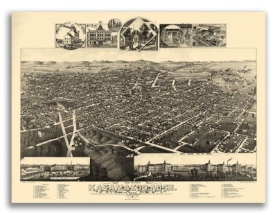 1883 Kalamazoo Michigan Vintage Old Panoramic City Map - 20x28