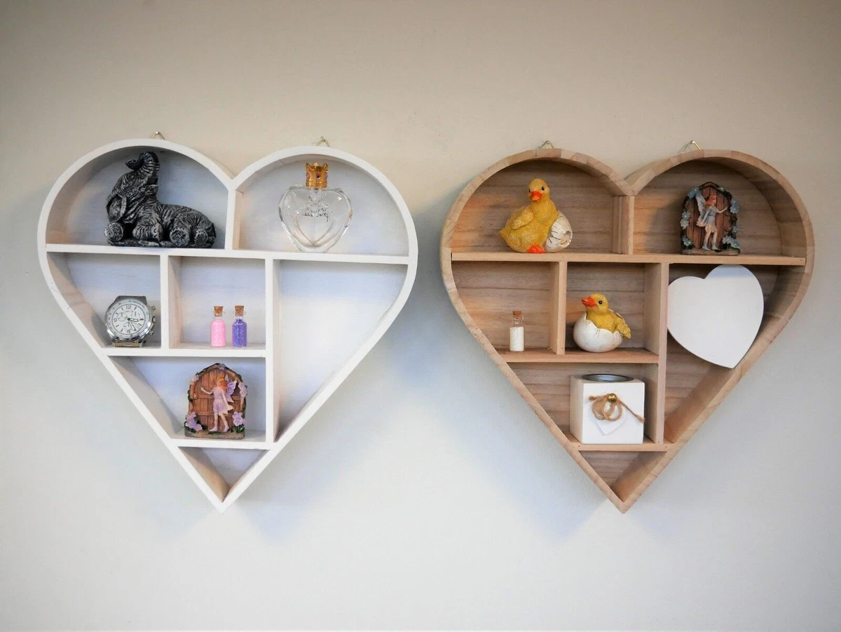 Hanging Wooden Shelf Floating Storage Display Unit Unique Rack Heart Shape White