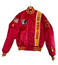 Vintage US Marines Military Red Satin Bomber Jacket Patches Sz Medium 70s 80s