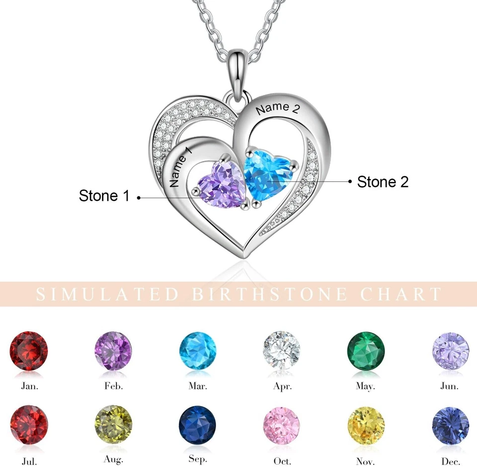 个性化双心吊坠母亲节项链 2-4 个名字和出生石 — 第 4/4 张图片