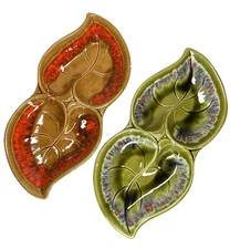 VTG California Pottery R-151 USA Santa Anita Ware Set 2 Divided Leaf Dishes Flaw