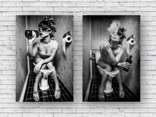 Bathroom Drink Smoke Poster Print Set, Funny Bathroom Art Toilet Humor Beer Girl