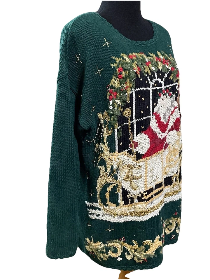 Embroidered Ugly Santa Christmas Sweater L Beaded VTG  Tiara International - Image 4 of 4