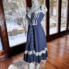1970s Gunne Sax Prairie Dress Blue Calico Floral Sleeveless Midi Cottage Size 11