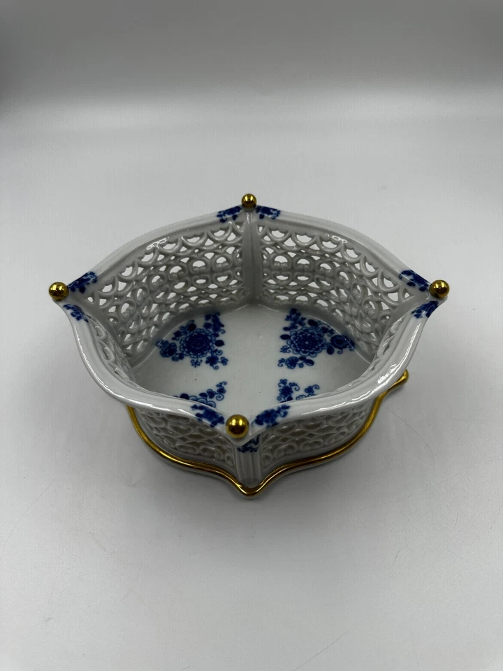 Wallendorfer Porzellan Durchbruchschale Blau Weiß Gold