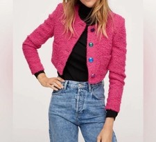 MNG Crop Pink Furry Tweed Blazer Jacket Women’s S Jewel Button Pockets NWT