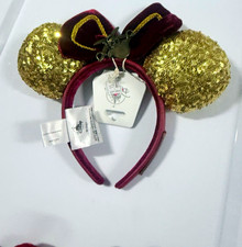 Disney Parks x Loungefly Minnie Mouse Ears Headband Gold Sequin Burgundy Bow