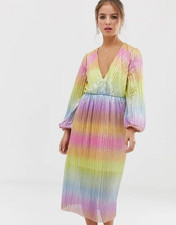 ASOS Metallic Rainbow Ombre Plisse Plunge Long Sleeve Midi Dress US 10