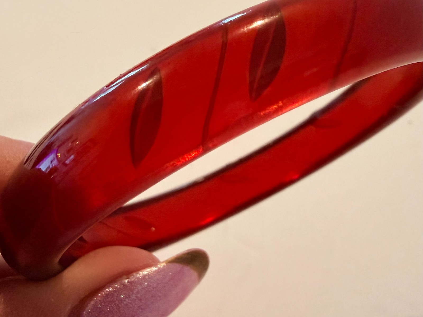 Tested Bakelite Carved Translucent Red Bangle Bra… - image 1