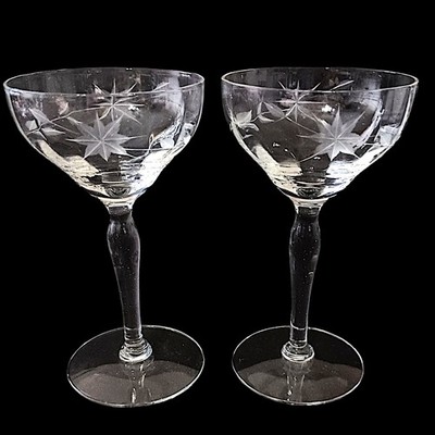 2 Vtg Atomic Etched Coupe Glasses Starburst Floral Cordial Crystal Delicate MCM
