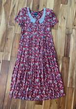 VTG 90s Jamie Brooke Red Floral Button Down A-Line Dress Tie Lace Collar Size S