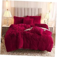 Faux Fur Velvet Fluffy Bedding Duvet Cover Set Down Comforter Queen Burgundy