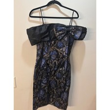 Vtg Jessica McClintock Floral Dress Off Shoulder Bow Cocktail Black Blue 11/12