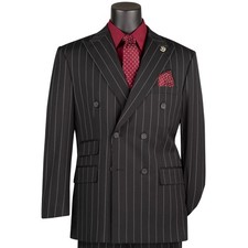 VINCI Men's Black Wide Stripe Double Breasted 6 Button Reg Fit Suit - NEW