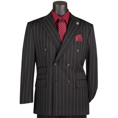 VINCI Men's Black Wide Stripe Double Breasted 6 Button Reg Fit Suit - NEW