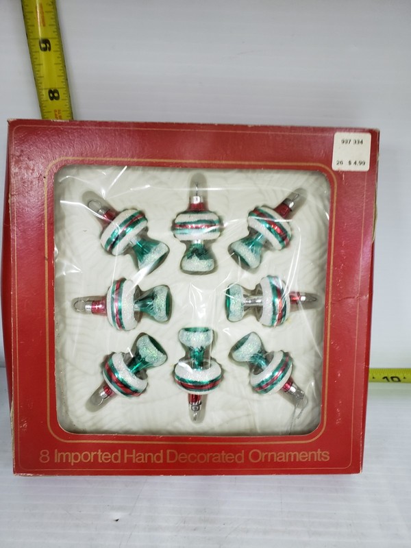 Bradford Christmas 8 Miniature Teardrop Tops Blown Glass Ornaments Box